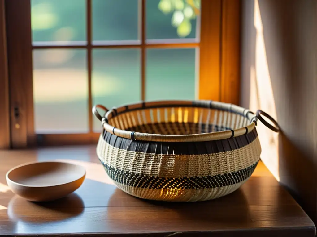 Una cesta vintage de fibras naturales, con patrones elaborados, reposa sobre una mesa rústica