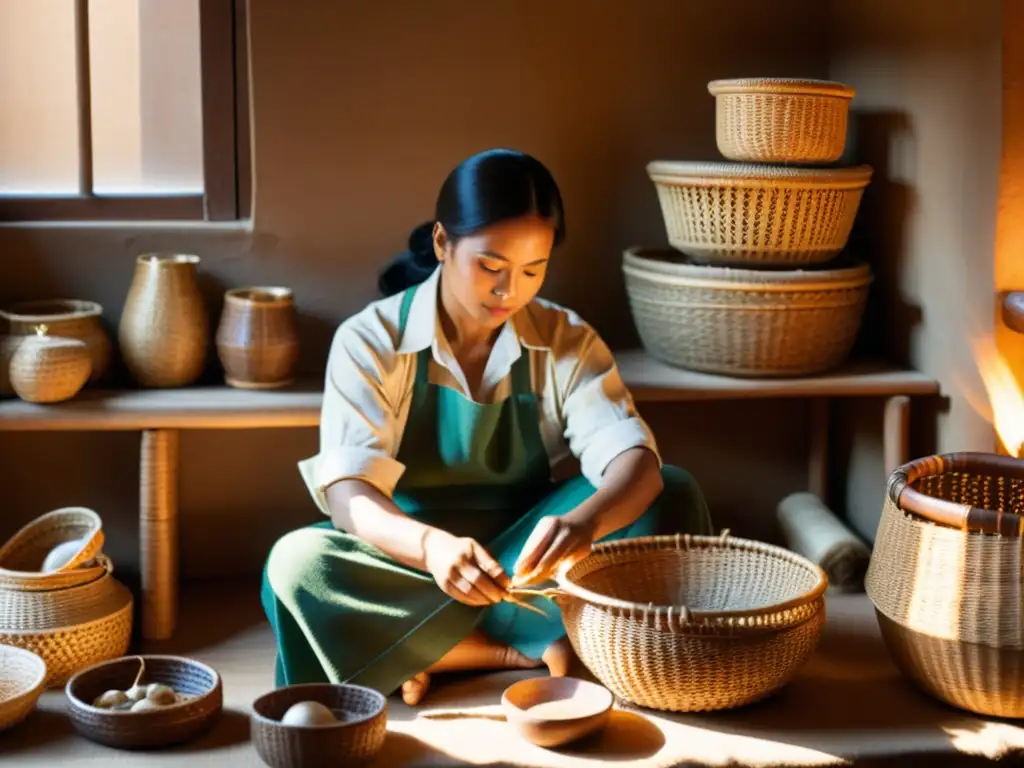 Cestería tradicional en la era digital: Hábil artesano tejiendo cestas en un taller acogedor, con luz cálida y herramientas tradicionales