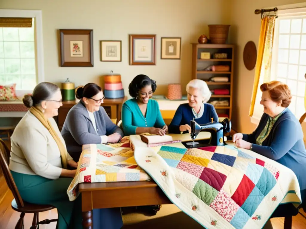 Un círculo de quilting en una acogedora habitación llena de telas coloridas y máquinas de coser antiguas