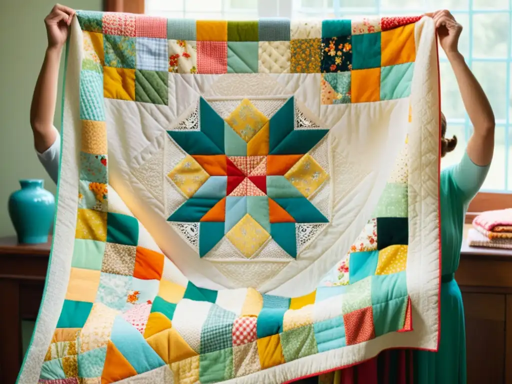 Un círculo de quilting vintage con mujeres cosiendo juntas en un marco grande, rodeadas de luz natural y un hermoso quilt colorido