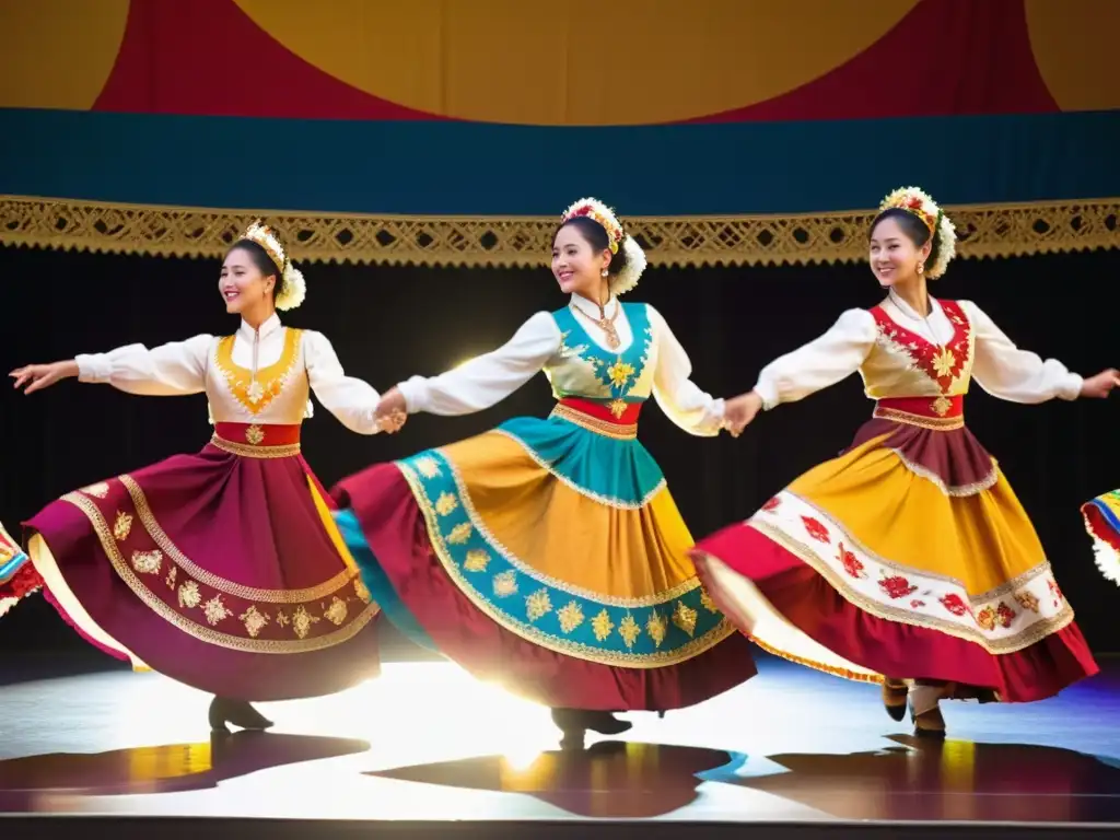 Clases virtuales de danzas folclóricas: Grupo de bailarines folclóricos en trajes coloridos, danzando con gracia al atardecer