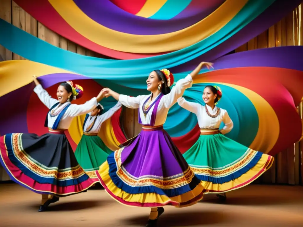 Clases virtuales de danzas folclóricas: Grupo bailando con trajes tradicionales en un círculo vibrante, con faldas coloridas y movimientos fascinantes