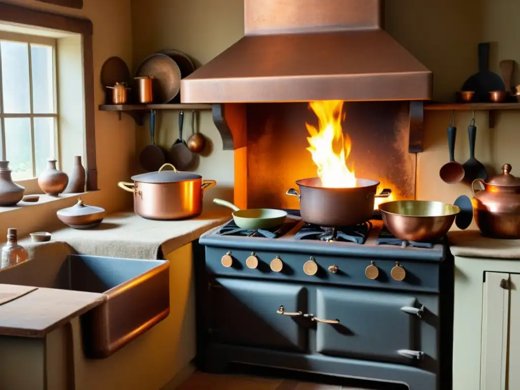 Una cocina rústica con estufa de leña, cocinero preparando plato ancestral