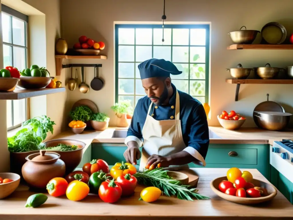 Una cocina tradicional llena de ingredientes frescos, luz natural y un chef experto