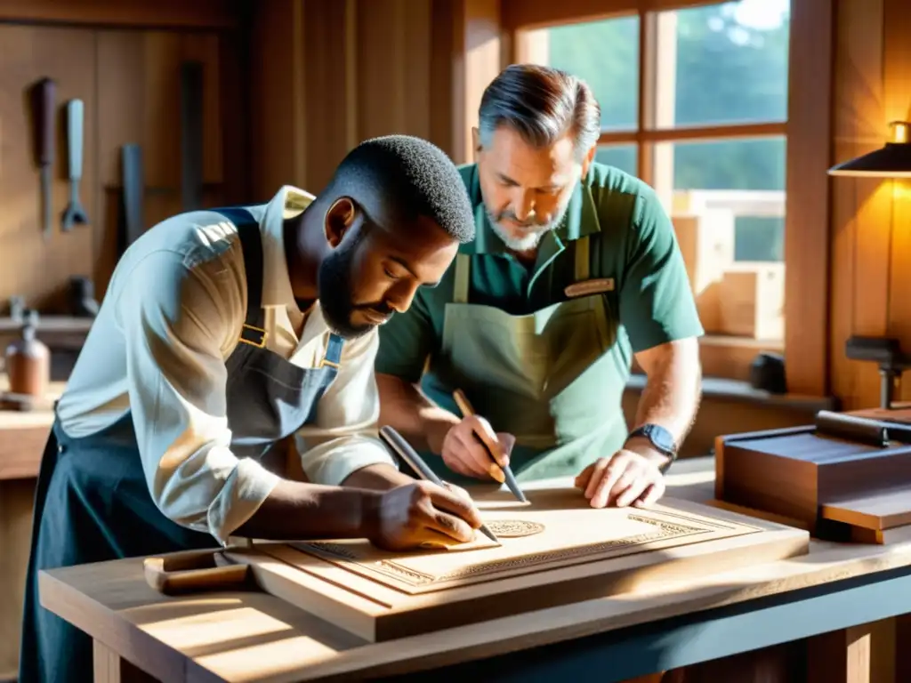 Colaboración entre artesano y tecnólogo en banco de trabajo de madera, fusionando tradición y tecnología