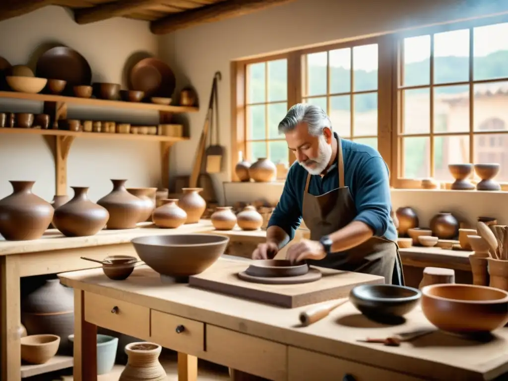 Colaboración entre influencers y artesanos en taller tradicional de alta resolución, con artesanías y maestro artesano demostrando habilidades