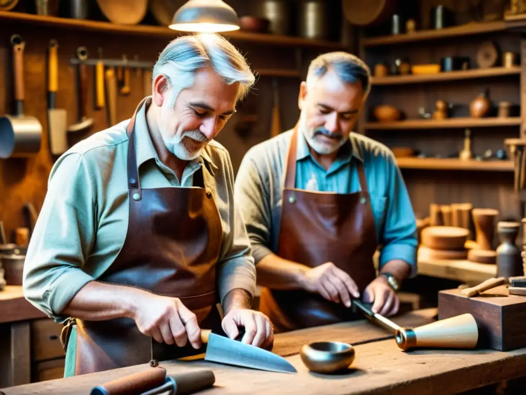 Transformación colaborativa en artesanía digital: Dos hábiles artesanos trabajando juntos en un taller vintage, rodeados de herramientas tradicionales y artesanías hechas a mano, iluminados por una suave luz cálida que resalta la textura de los bancos de trabajo de madera envejecida y