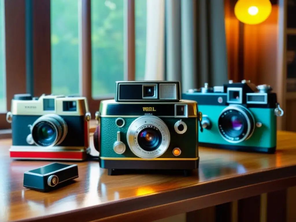 Una colección de cámaras vintage en una mesa de madera, iluminada por la luz del sol