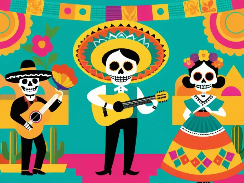 Collage digital de arte popular mexicano en la era digital: papel picado, mariachis y calaveras del Día de Muertos, en un mercado virtual animado