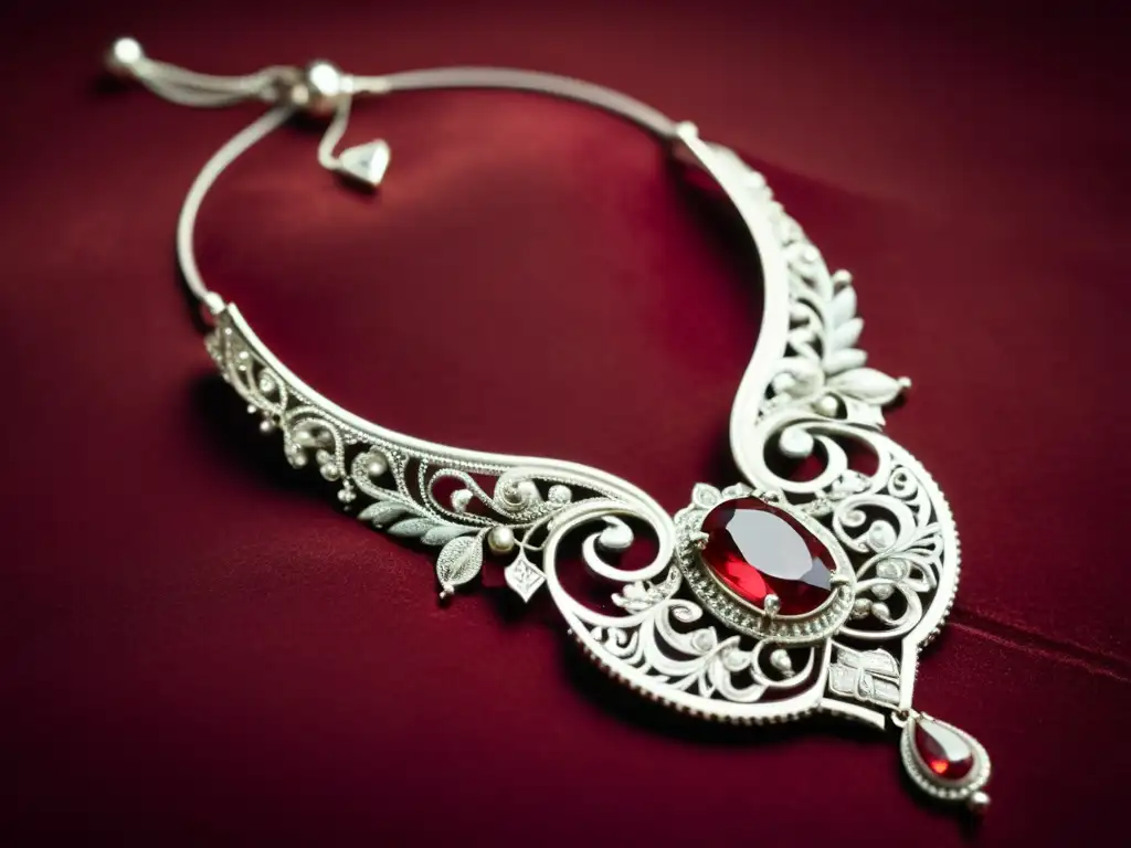 Un collar de plata vintage con filigranas y gemas, sobre terciopelo rojo