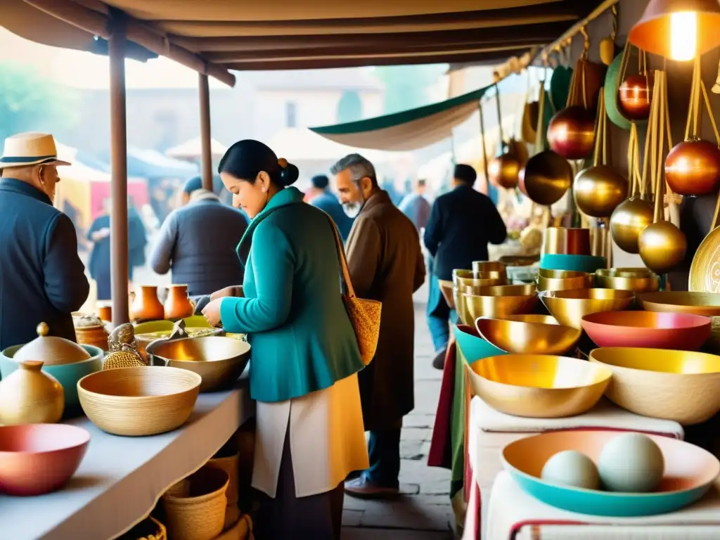 Una colorida feria artesanal muestra la conexión artesanal sostenible mercado digital en una escena nostálgica y acogedora