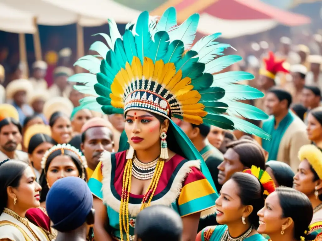 Colorida festividad indígena con danzas tradicionales, espectadores y arquitectura histórica
