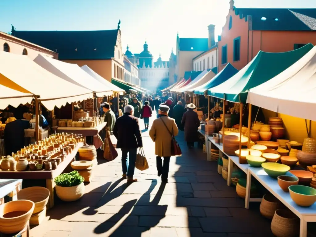 Colorido mercado artesanal con artesanos exhibiendo productos hechos a mano