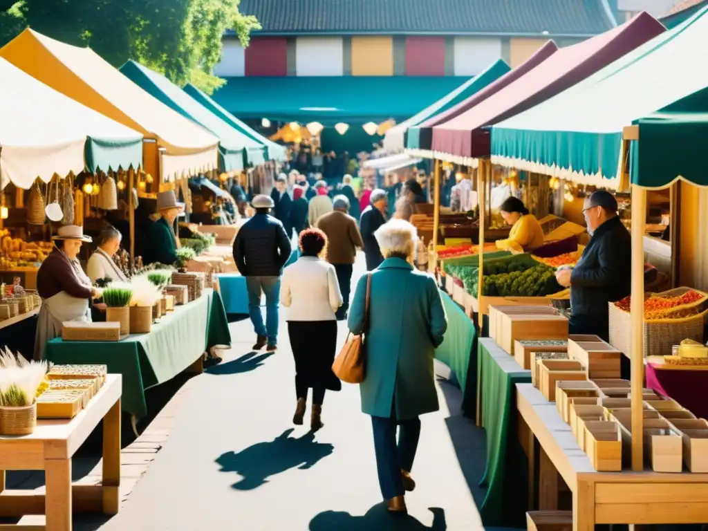 Colorido mercado de artesanos con productos únicos bajo toldos, clientes conversando