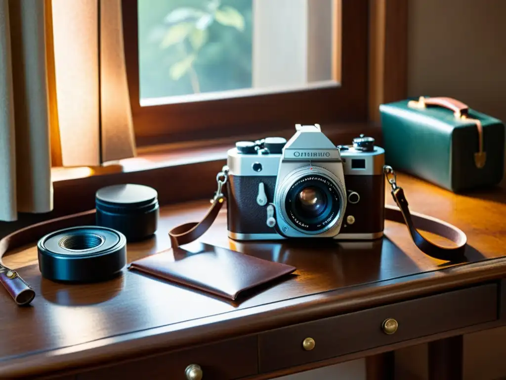 Una composición cálida de artesanía digital y equipo fotográfico vintage en un escritorio de madera