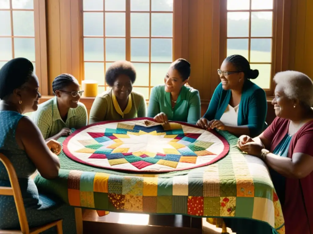 Comunidad de quilting online reunida en círculo, compartiendo pasión por el arte del quilting entre telas y herramientas de costura vintage