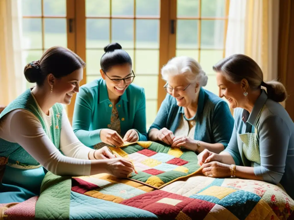 Comunidades de quilting online: Grupo de entusiastas cosiendo coloridos parches de tela mientras comparten risas y camaradería vintage