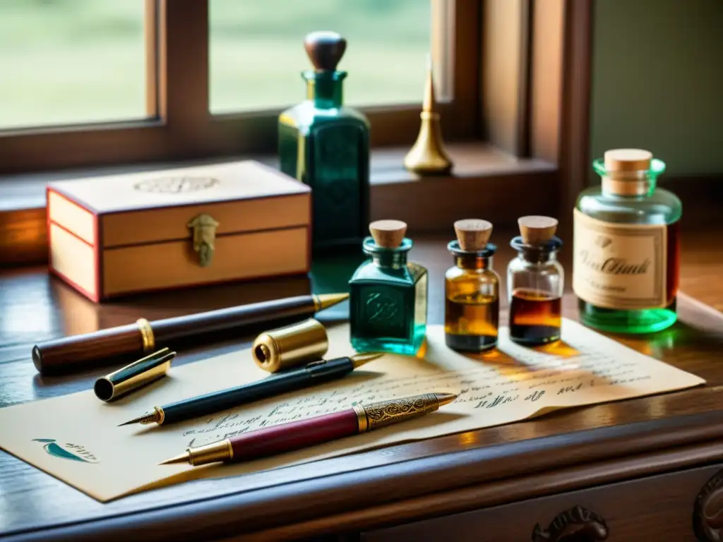 Un conjunto de caligrafía vintage con plumas, tinta y soporte de madera en un escritorio iluminado por luz natural