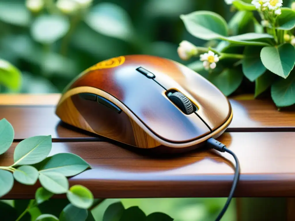 Un conjunto vintage de ratón y teclado de madera rodeado de naturaleza exuberante, evocando la nostalgia y la artesanía digital con huella ecológica