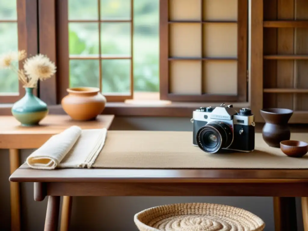 Consejos de fotografía para artesanías digitales: Encanto vintage con cámara y artesanías en mesa de madera iluminada por luz natural