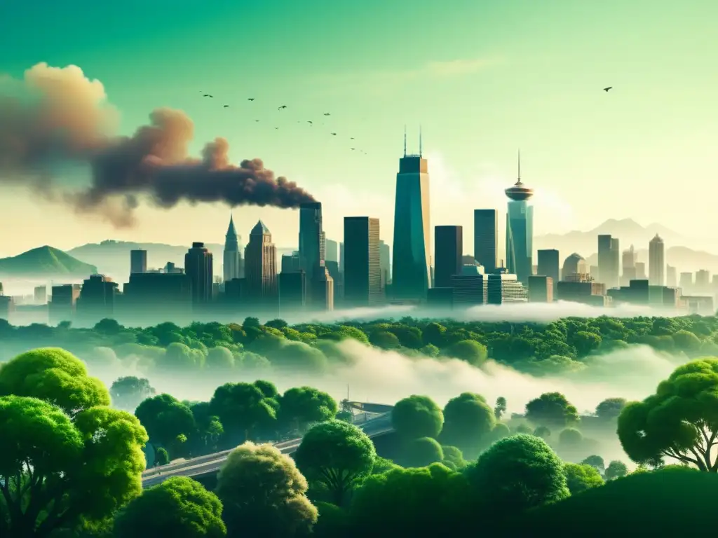 Contraste impactante entre la contaminación de la ciudad y la naturaleza exuberante, simbolizando el impacto ecológico de las creaciones digitales