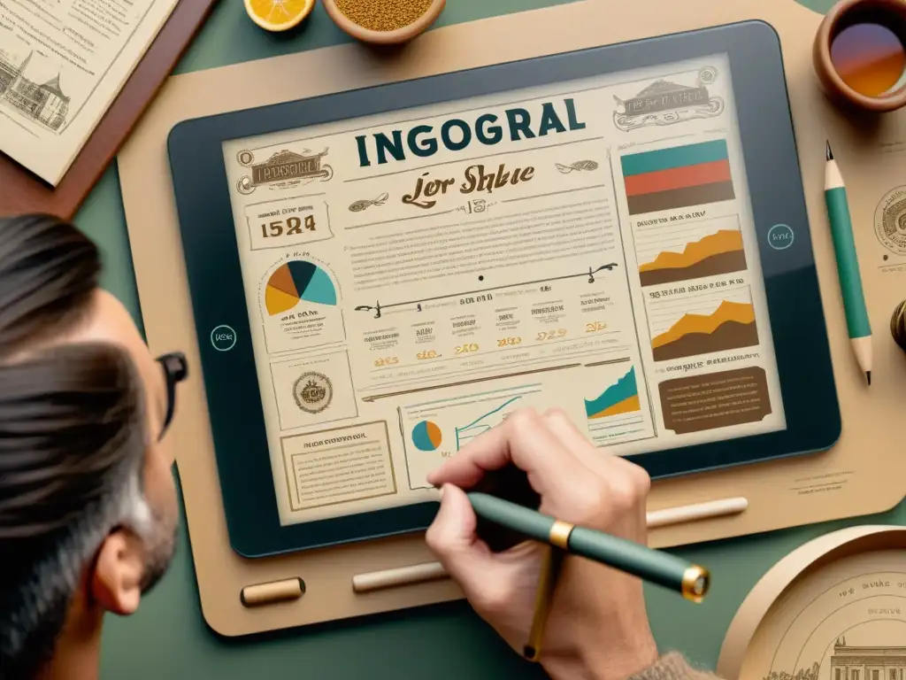 Creación de infografías artesanales digitales en tableta vintage con detalles intrincados y elementos tradicionales