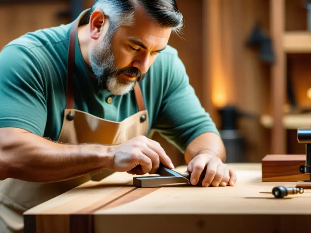 Creación de muebles artesanales digitales: un artesano en su taller vintage, usando herramientas digitales para crear una pieza única de madera