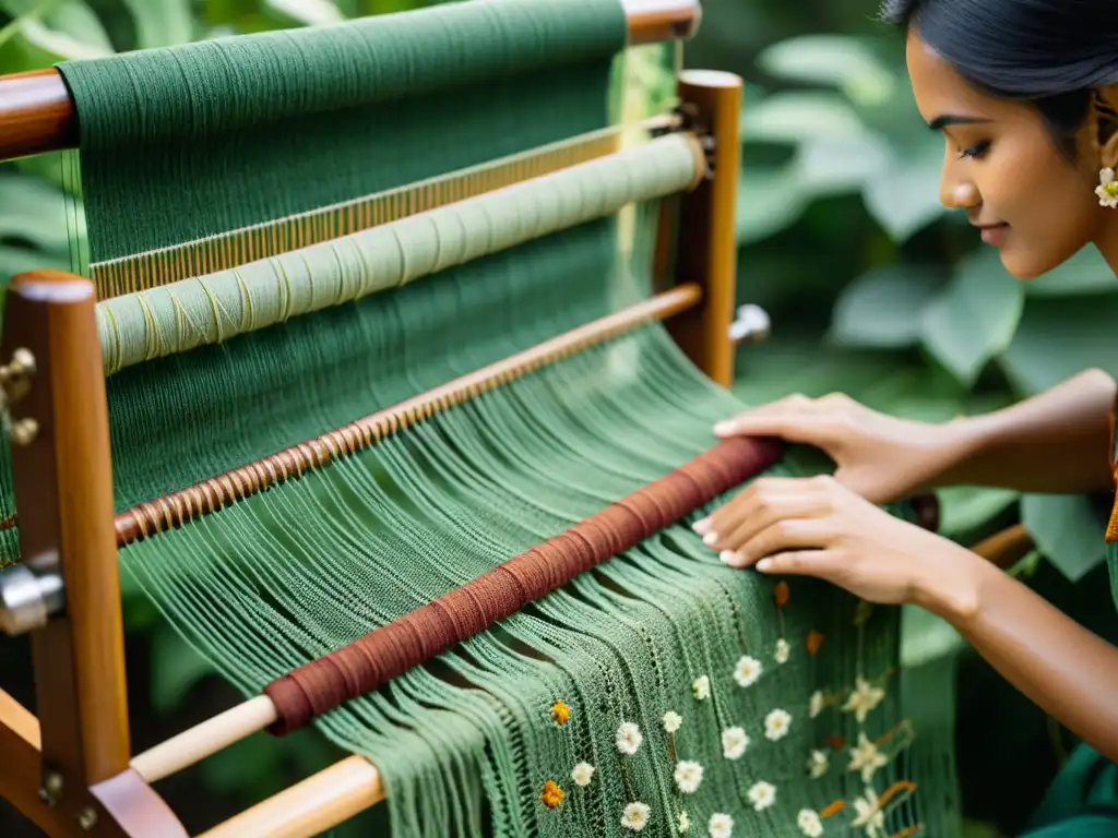 Creación textil contemporánea con plantas: Hermoso telar vintage con hilos teñidos naturalmente en tonos tierra, entrelazados en un patrón tradicional