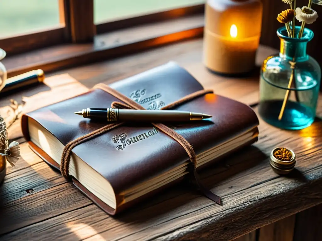 Cuaderno de cuero artesanal y accesorios antiguos, bañados por la cálida luz del sol