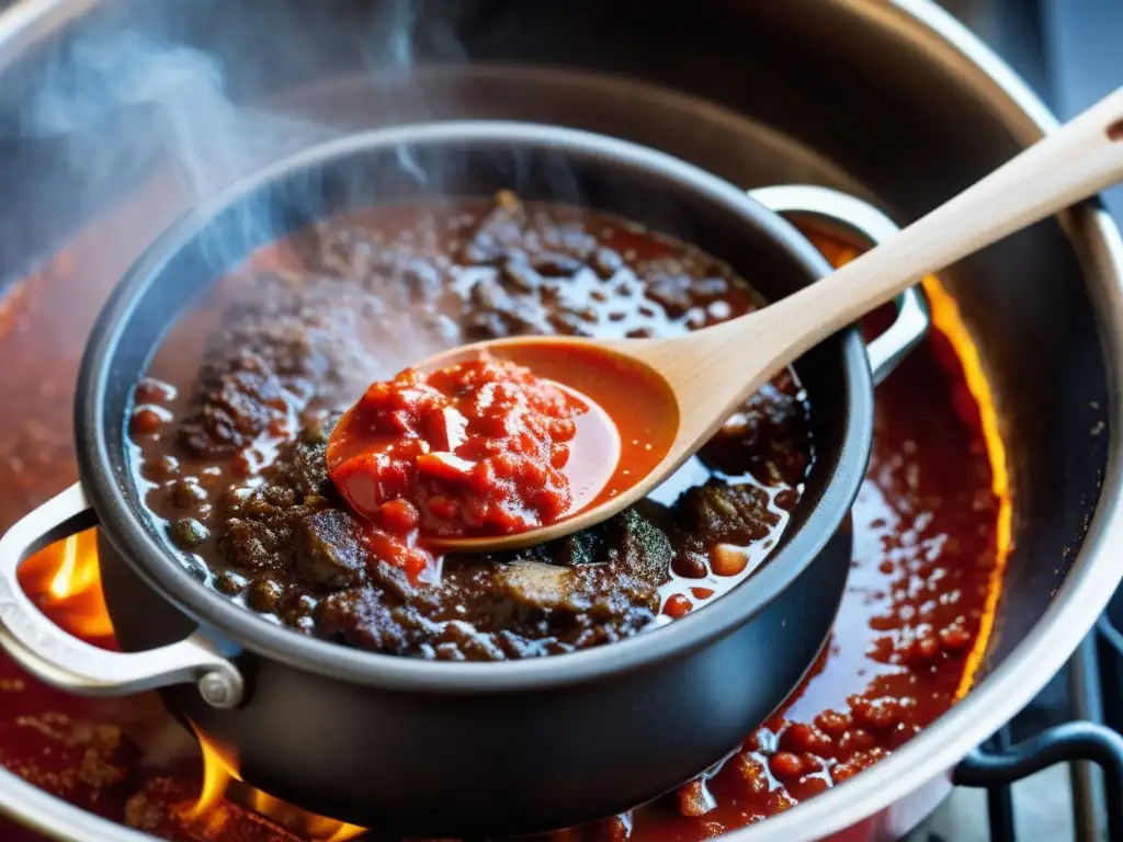 Una cuchara de madera tradicional remueve una olla de salsa de tomate rojo vibrante sobre el fuego