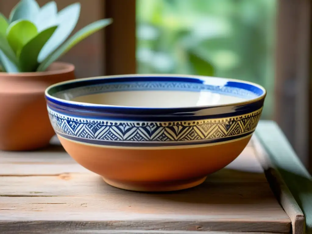 Un cuenco de cerámica vintage con patrones tradicionales, en una mesa de madera rústica con macetas de terracota y vegetación