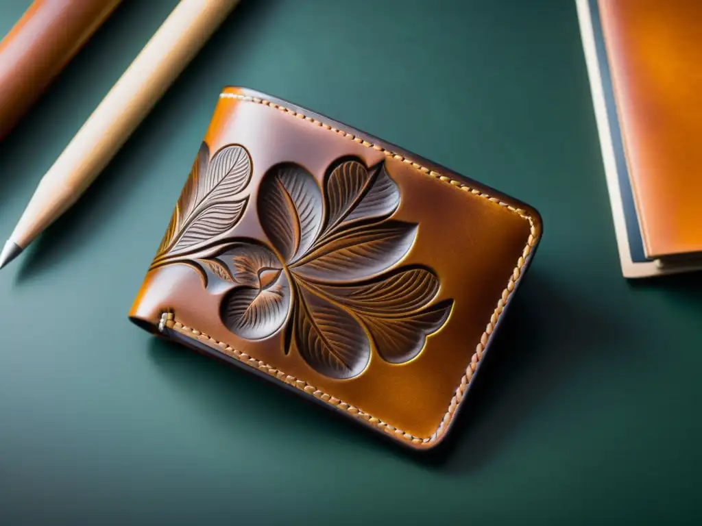 Wallet de cuero con talla intrincada y personalización digital, fusionando tradición y modernidad