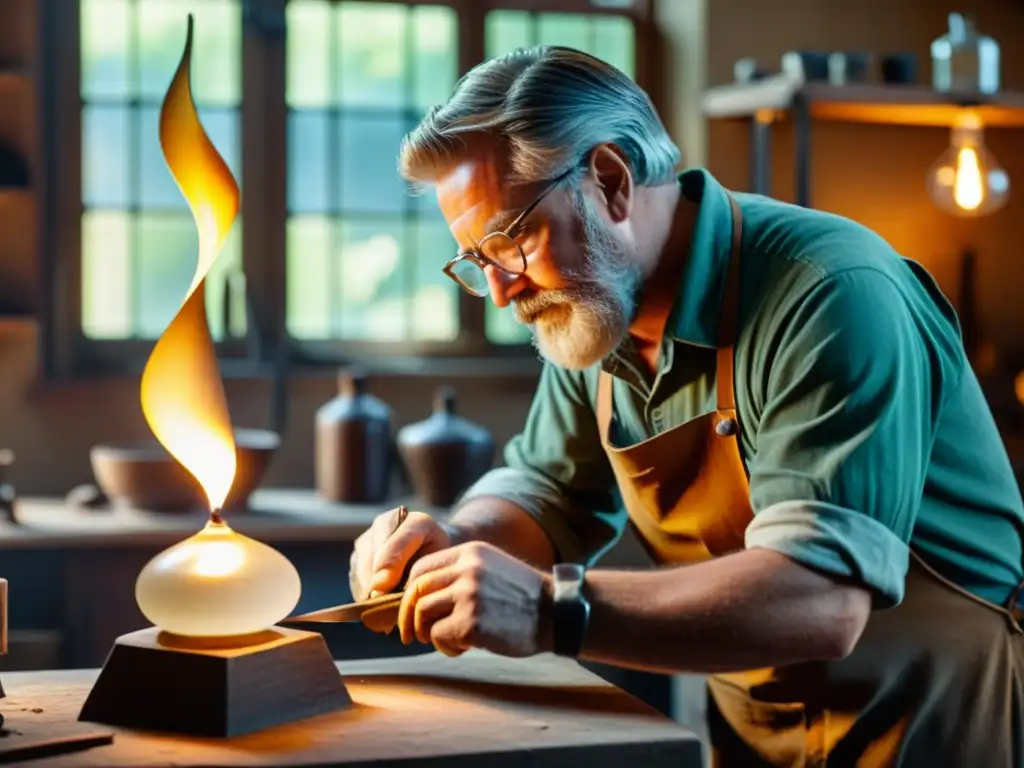 Cursos de modelado 3D cristalería artesanal: Un artesano experto da forma a vidrio fundido en una escultura delicada en un taller vintage