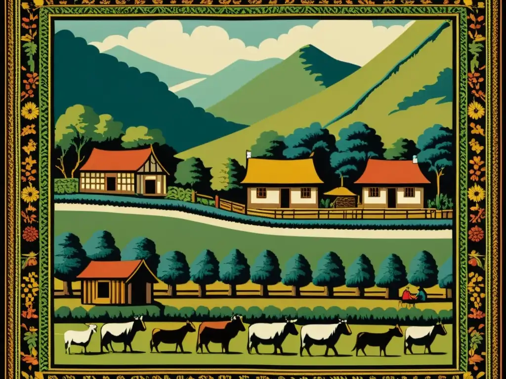 Detallada artesanía digital: tejido vintage con escena pastoral y comunidades virtuales