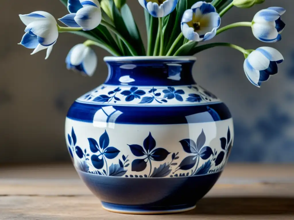 Detallada cerámica de Delft artesanía digital, vaso azul y blanco con flores pintadas a mano en metaverso