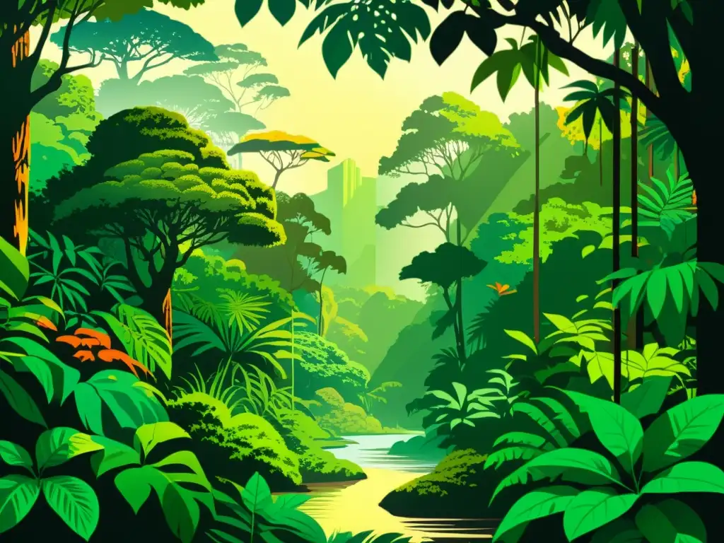 Detallada ilustración digital de exuberante selva amazónica