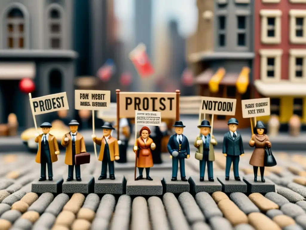 Detallada escena de protesta en miniatura artesanal, con figuras y carteles vintage, en una ciudad en miniatura