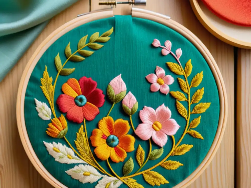 Bordado vintage: delicados diseños florales en vibrantes colores Detallada imagen de bordado vintage con diseño floral, mostrando la simbiosis entre bordado tradicional y diseño