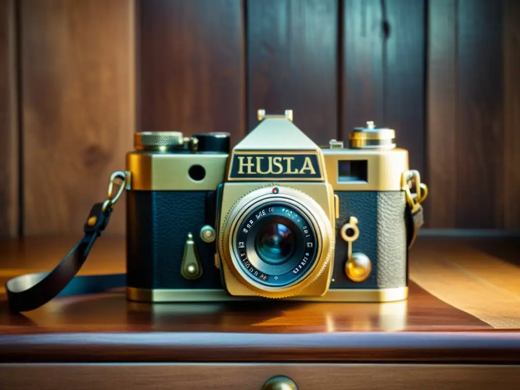 Detallada imagen de una cámara vintage con artesanía en cuero y latón, iluminada por luz natural