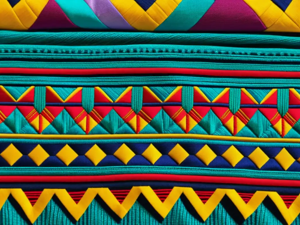 Detallada imagen de un textil tradicional bordado, con colores vibrantes y motivos florales y geométricos