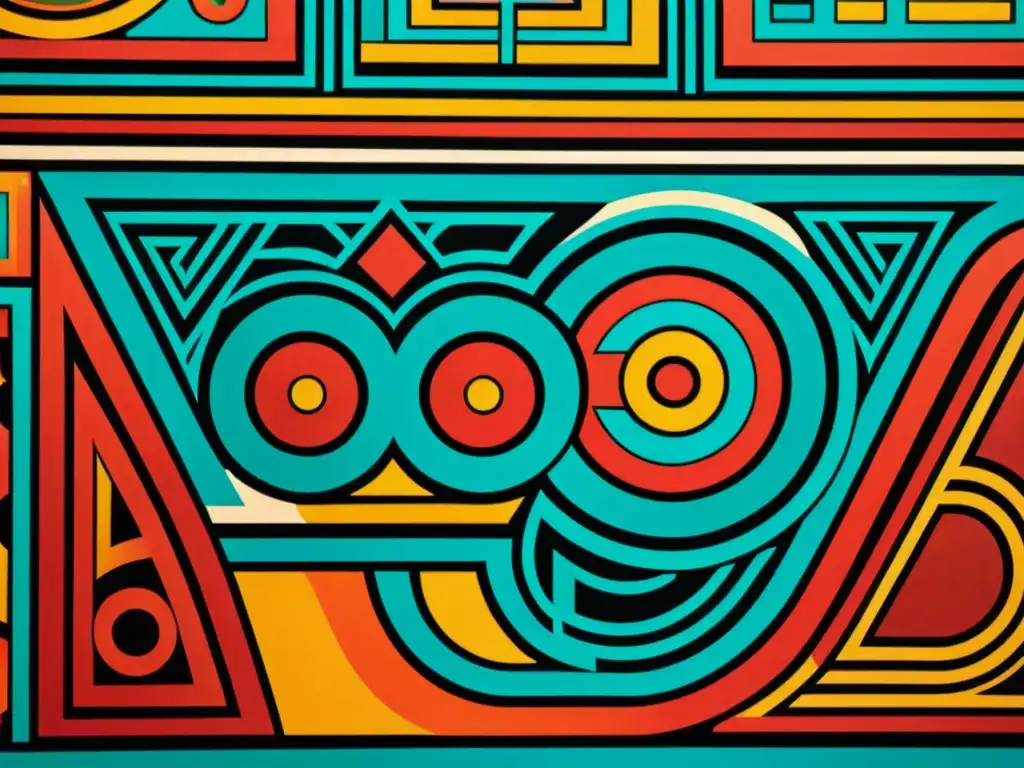 Detallada integración de técnicas ancestrales en arte digital: un mural maya antiguo con patrones geométricos y colores vibrantes