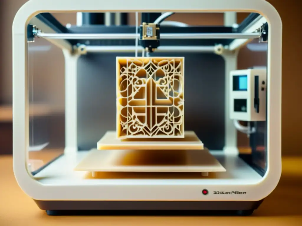 Detallada impresión 3D con materiales biodegradables, resaltando la innovación, precisión y estética vintage