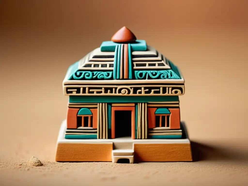 Detallada miniatura de templo precolombino modelado en arcilla, con intrincados diseños pintados a mano