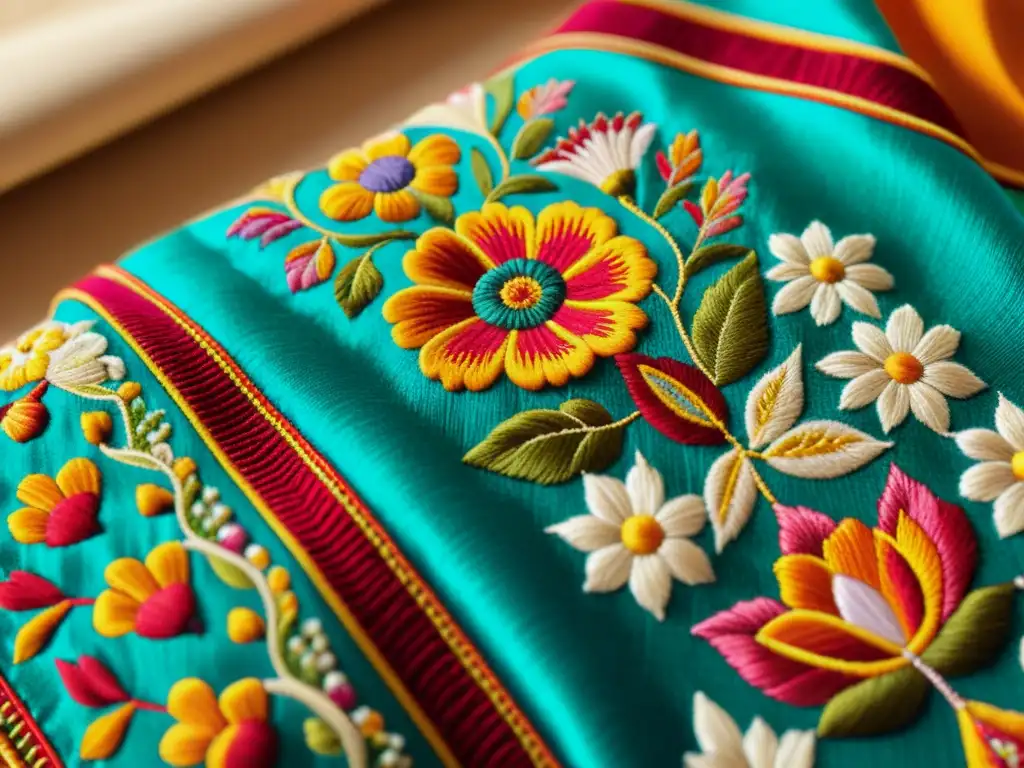 Detallada obra de arte textil tradicional y digital, con vibrantes colores y delicados bordados