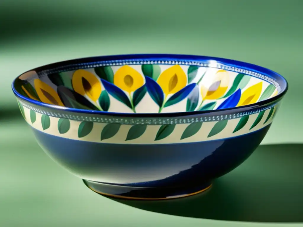 Bol de cerámica vintage: Patrones florales en azul, verde y amarillo Detallada fotografía de productos artesanales color: un antiguo cuenco de cerámica pintado a mano, con patrones florales en azul, verde y amarillo