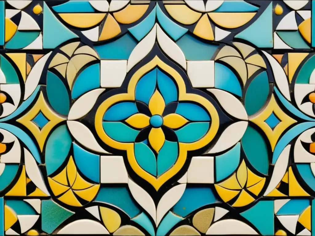 Detallado arte del mosaico artesanal digital con patina en tonos cálidos y patrón floral geométrico