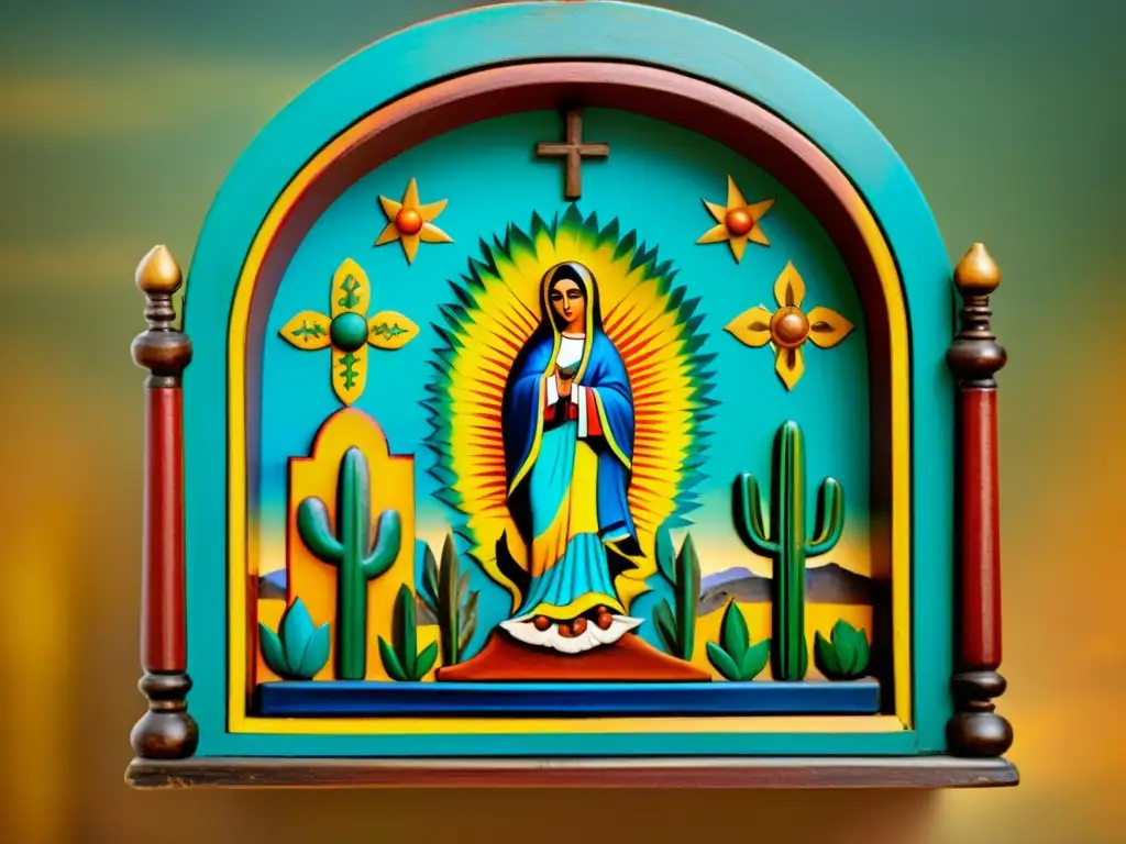 Detallado retablo artesanal mexicano, con rica paleta de colores y patina antigua, capturando la esencia de retablos artesanales en la era digital