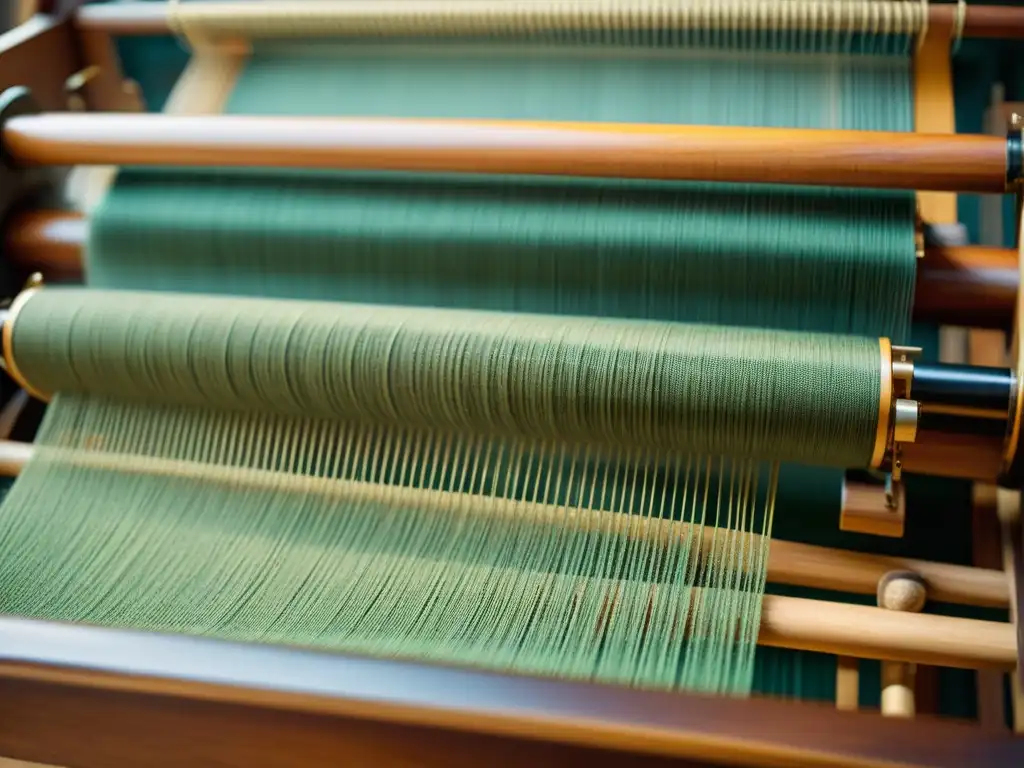 Detalle de telar antiguo con atmósfera cálida y texturas en la artesanía textil, evocando storytelling en la tradición