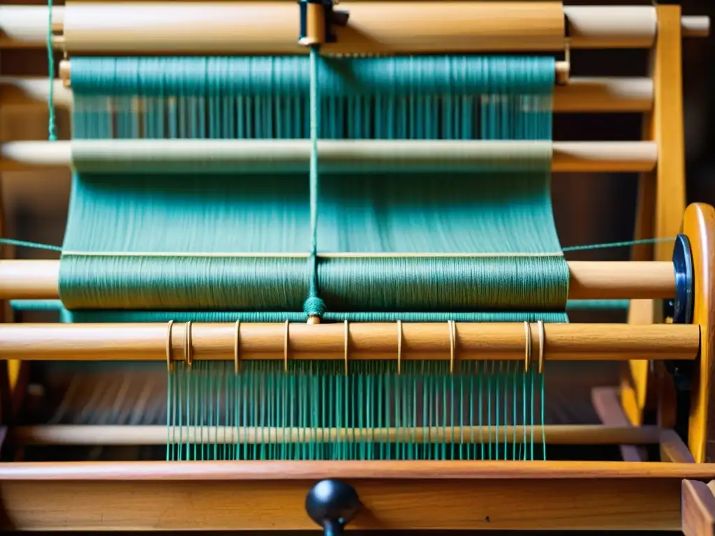 Detalle de antiguo telar de madera con fibras naturales entrelazadas, reflejando la tecnología en el tejido artesanal y la artesanía tradicional