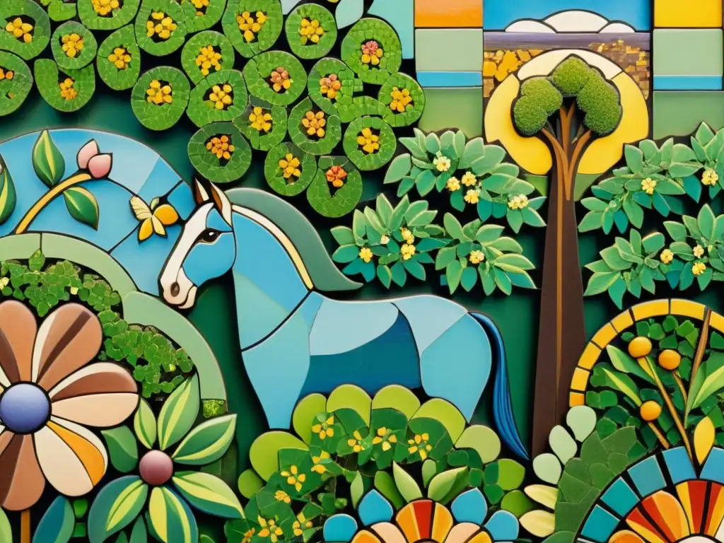 Detalle de un arte del mosaico artesanal digital con escena de jardín exuberante, evocando artesanía y nostalgia en tonos cálidos y terrosos